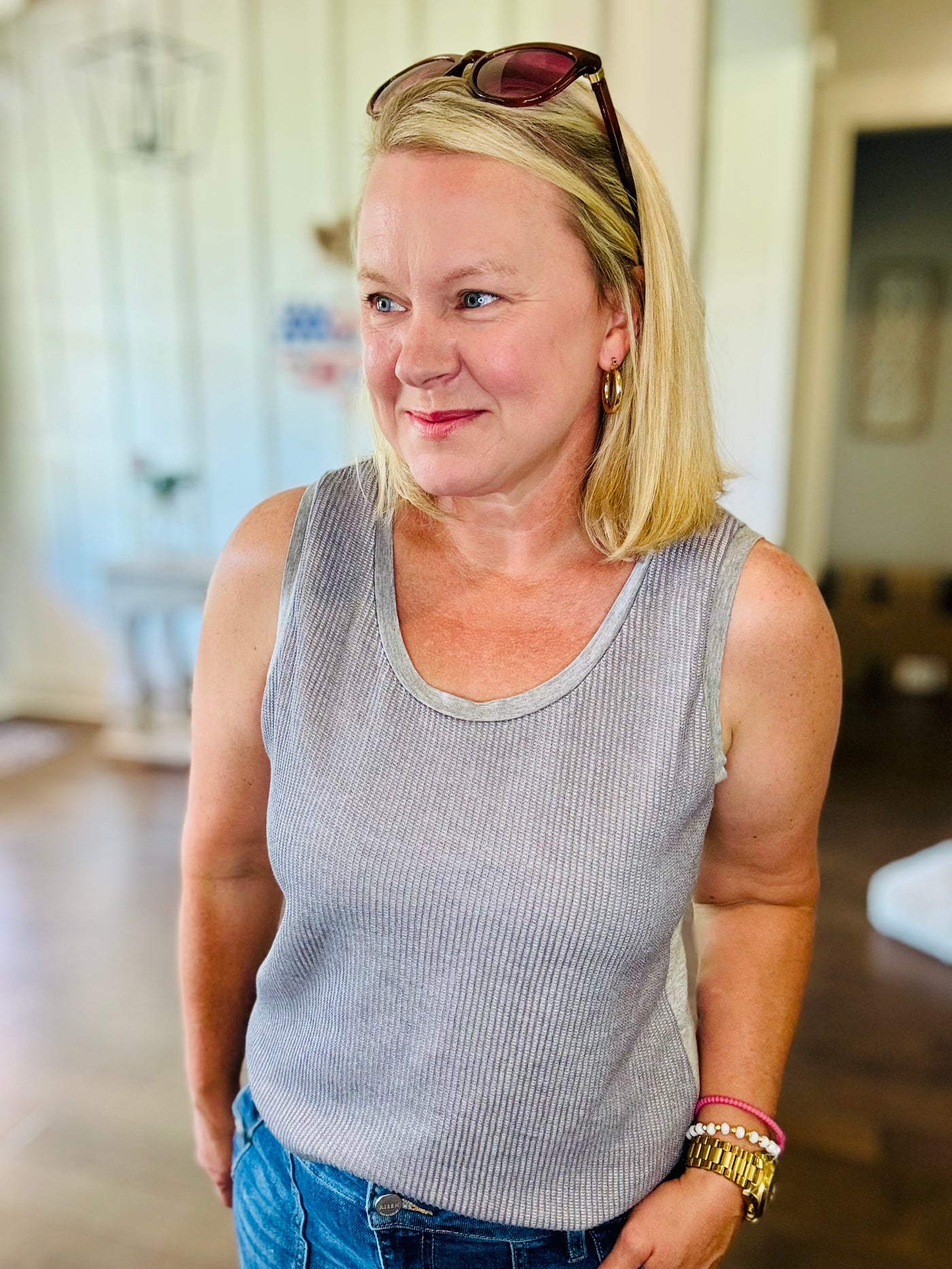 Textured Knit Tank Top - Grey