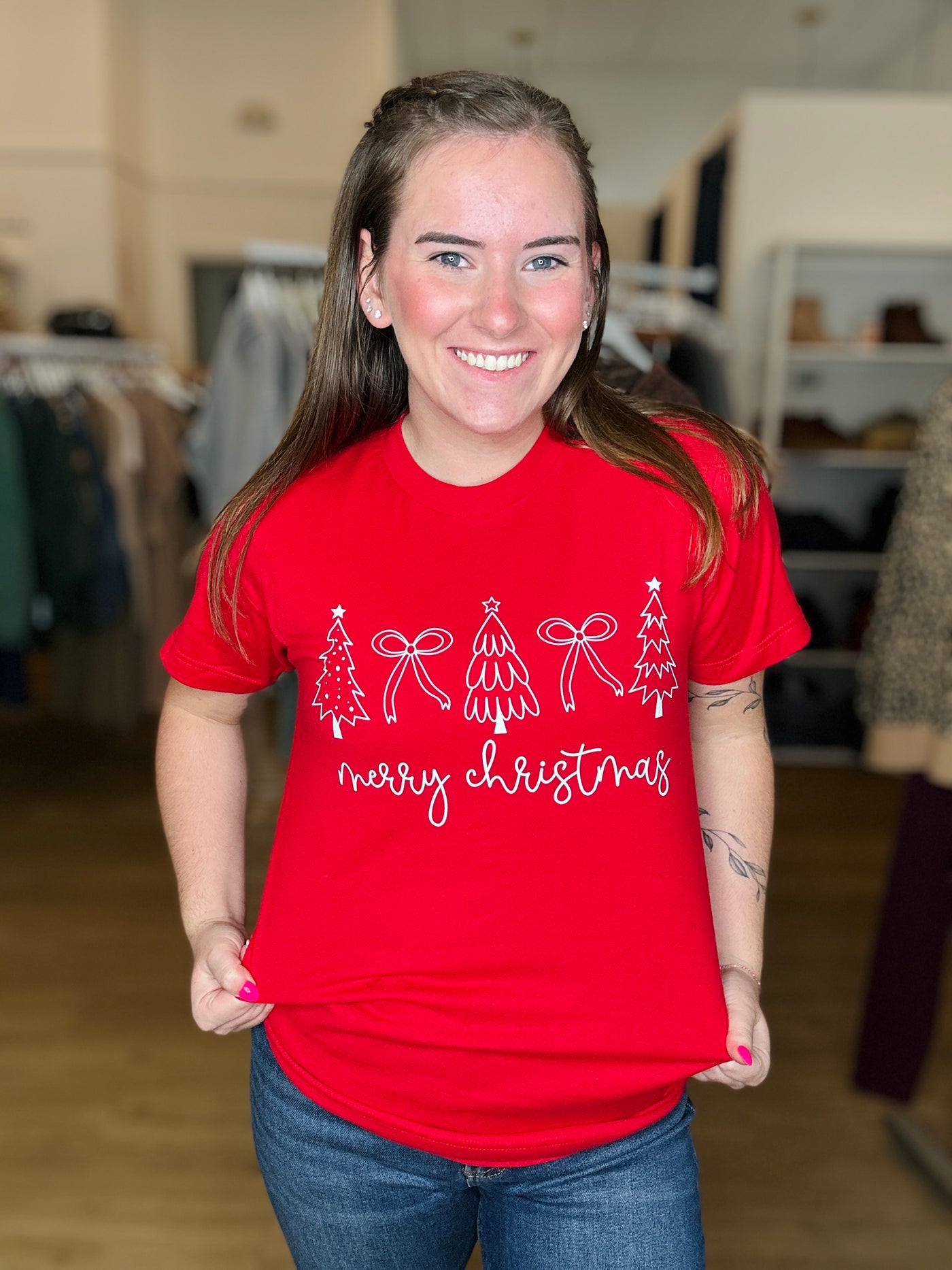 Merry Christmas Trees & Bow Tee - Red