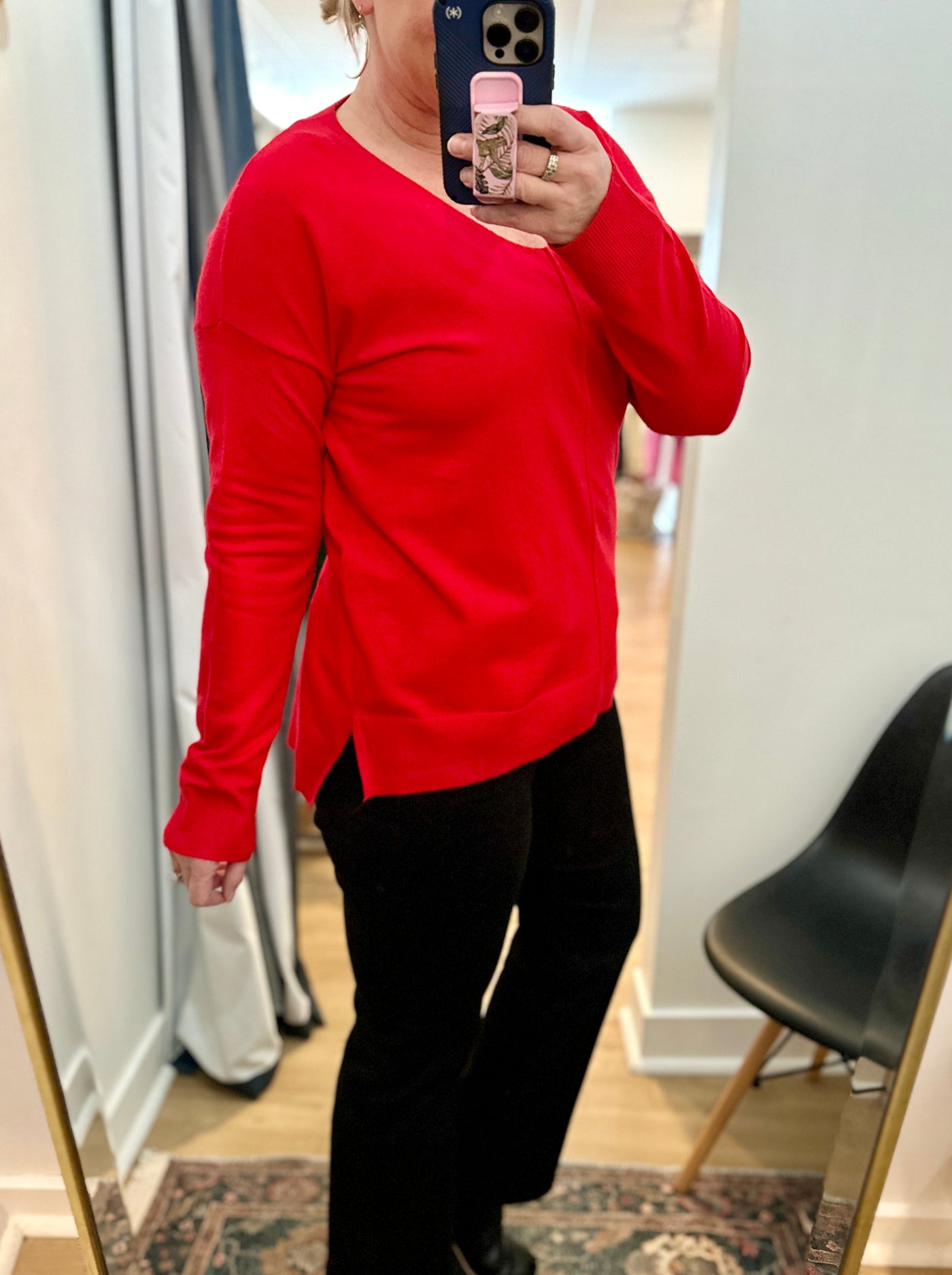 V-Neck Long Line Sweater - Tomato