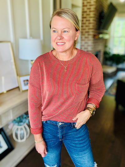 Ribbed Long Sleeve Pocket Top - Rust