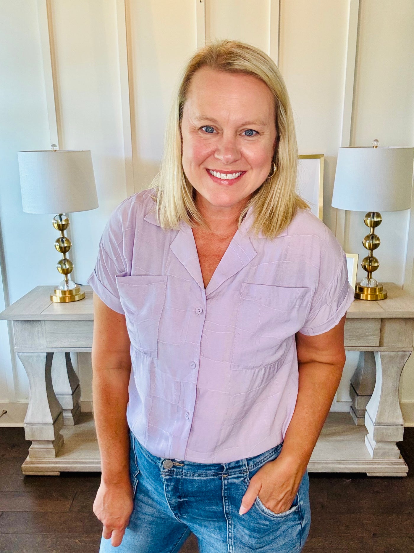 Afton Short Sleeve Button Down - Lilac