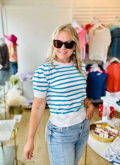 Striped Crew Short Sleeve  - Hawaiian Blue