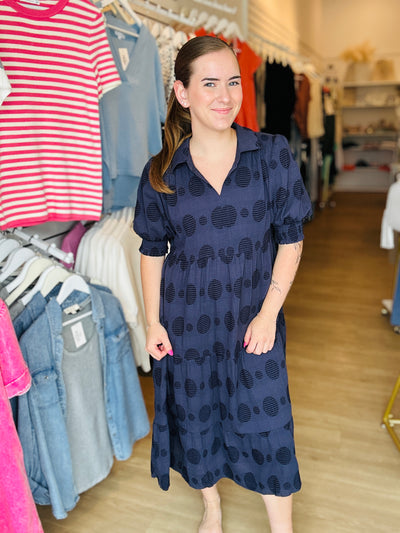 Swiss Dot Tiered Dress - Navy