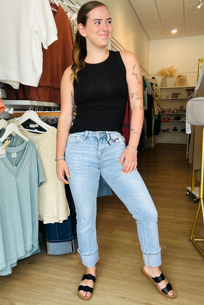 Mica - Mid Rise Cuffed Straight Denim
