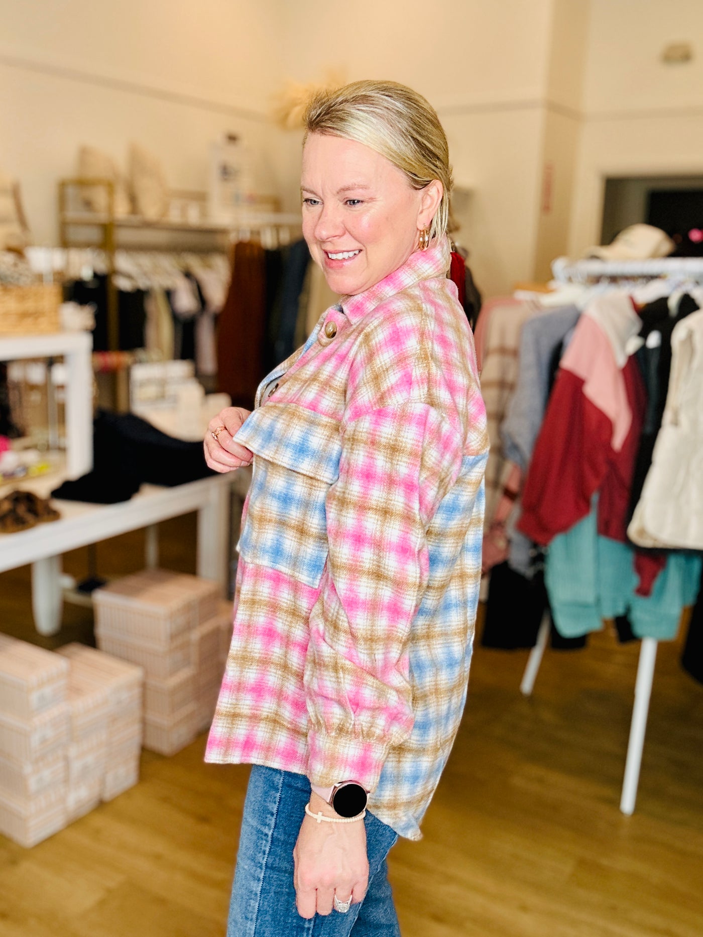 Mixed Plaid Shacket - Pink Blue