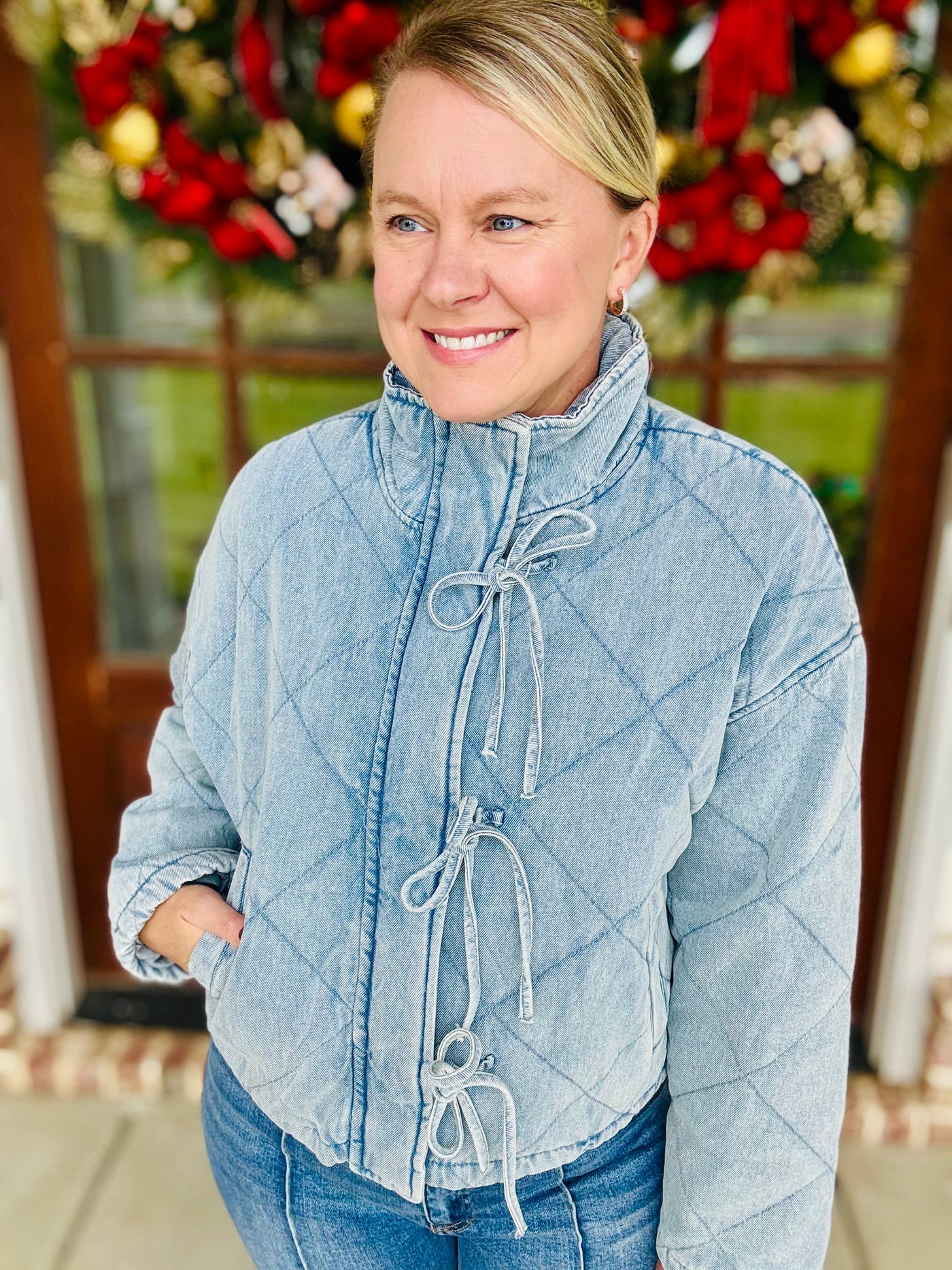 Quilted Denim Bow Tie Front Jacket