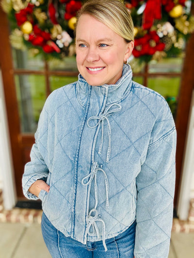 Quilted Denim Bow Tie Front Jacket
