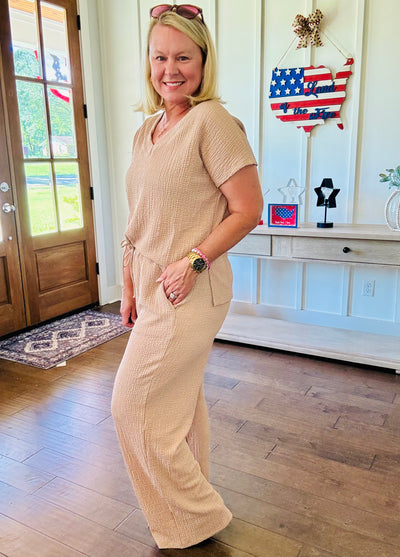 Crinkle Wide Leg Pants - Tan