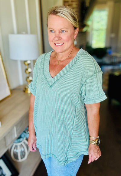 Ribbed V-Neck Short Sleeve - Sage