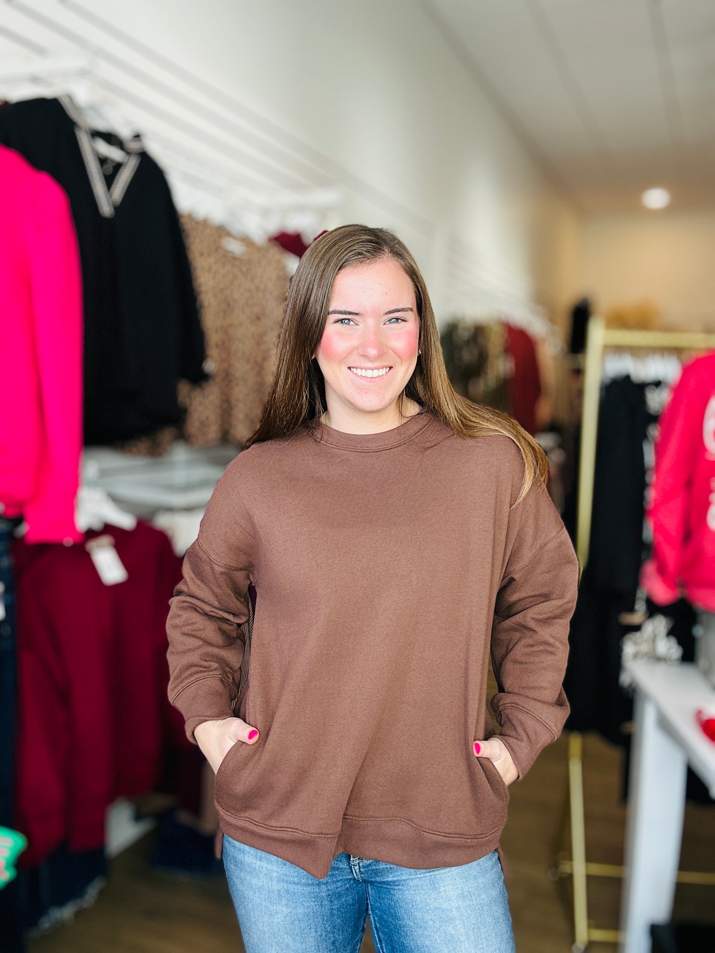 Fleece Pullover w-Pockets - Brown