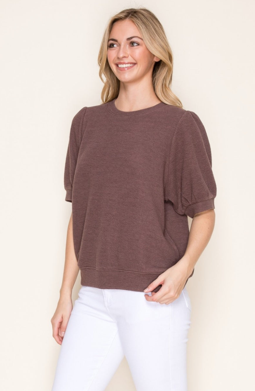 Cloudy Knit Puffy Short Sleeve Top - Brown