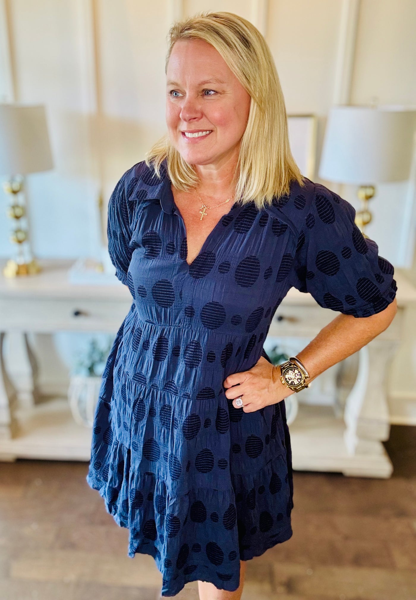 Swiss Dot Tiered Mini Dress - Navy
