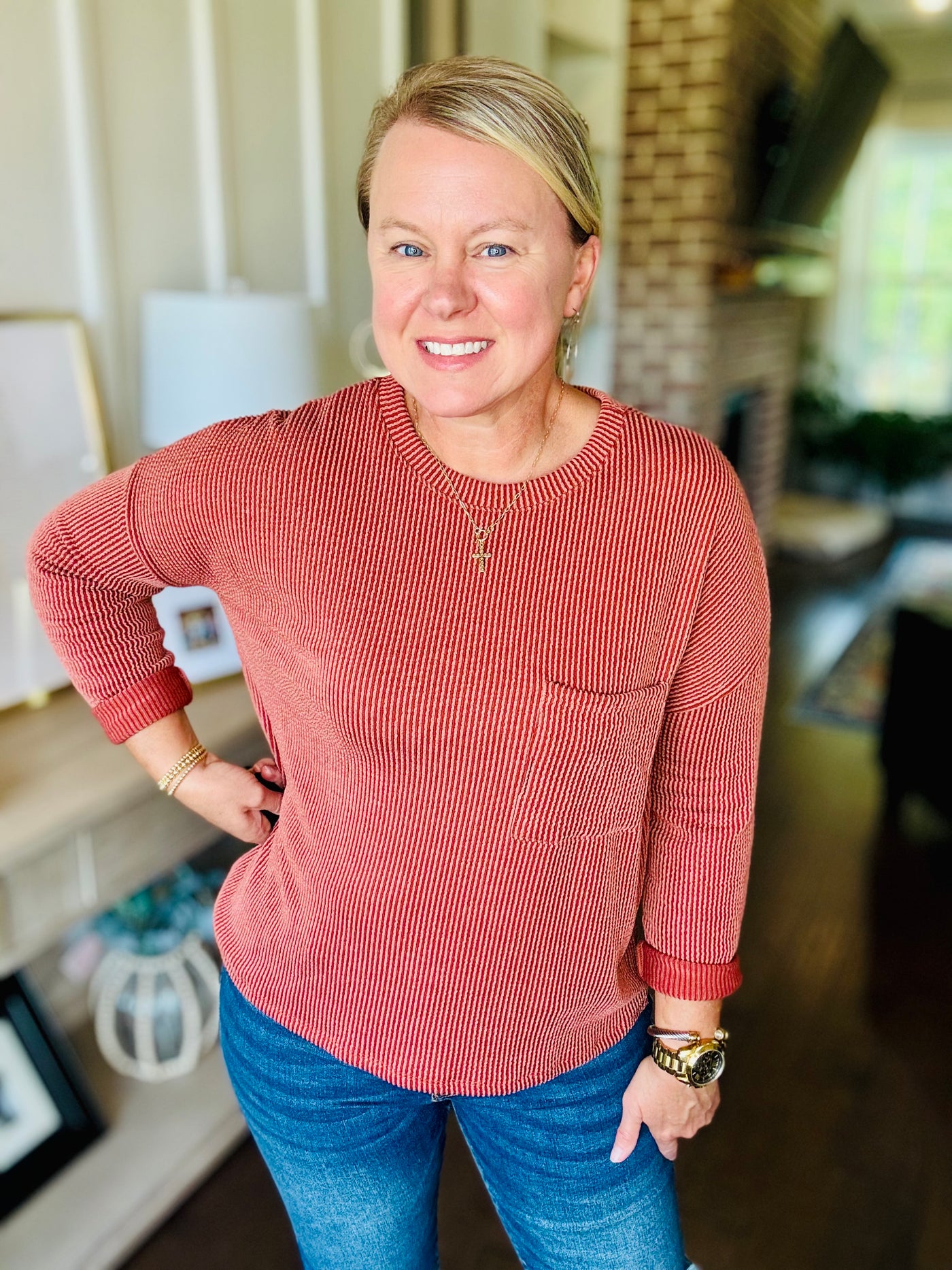 Ribbed Long Sleeve Pocket Top - Rust