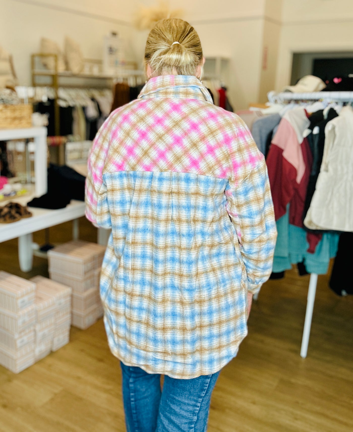 Mixed Plaid Shacket - Pink Blue