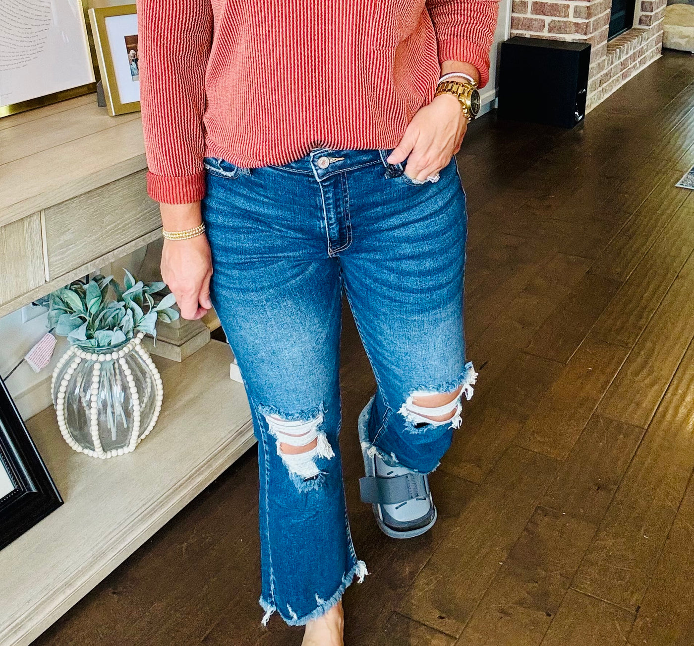 Mid Rise Distressed Denim - Dark Wash