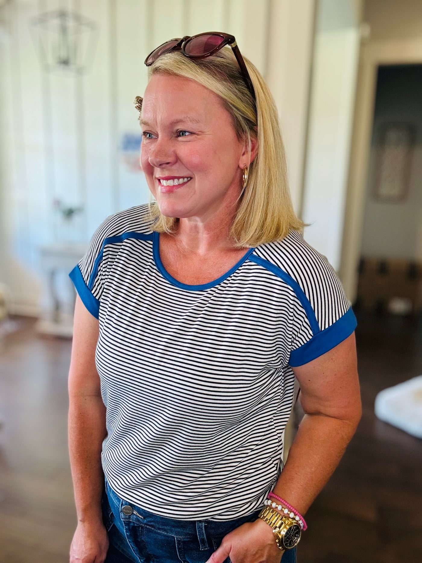 Lightweight Striped Short Sleeve Top - Blue