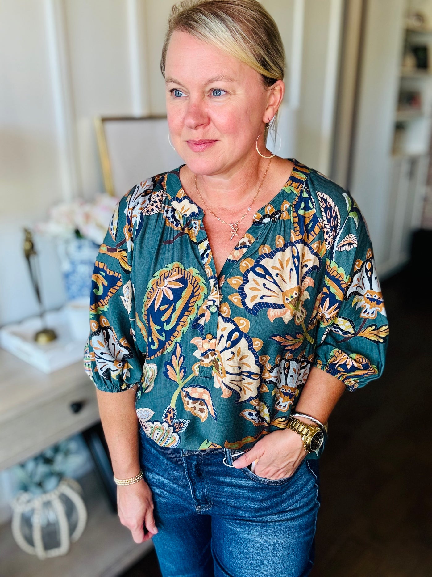 Paisley V-Neck 3/4 Sleeve Top - Teal