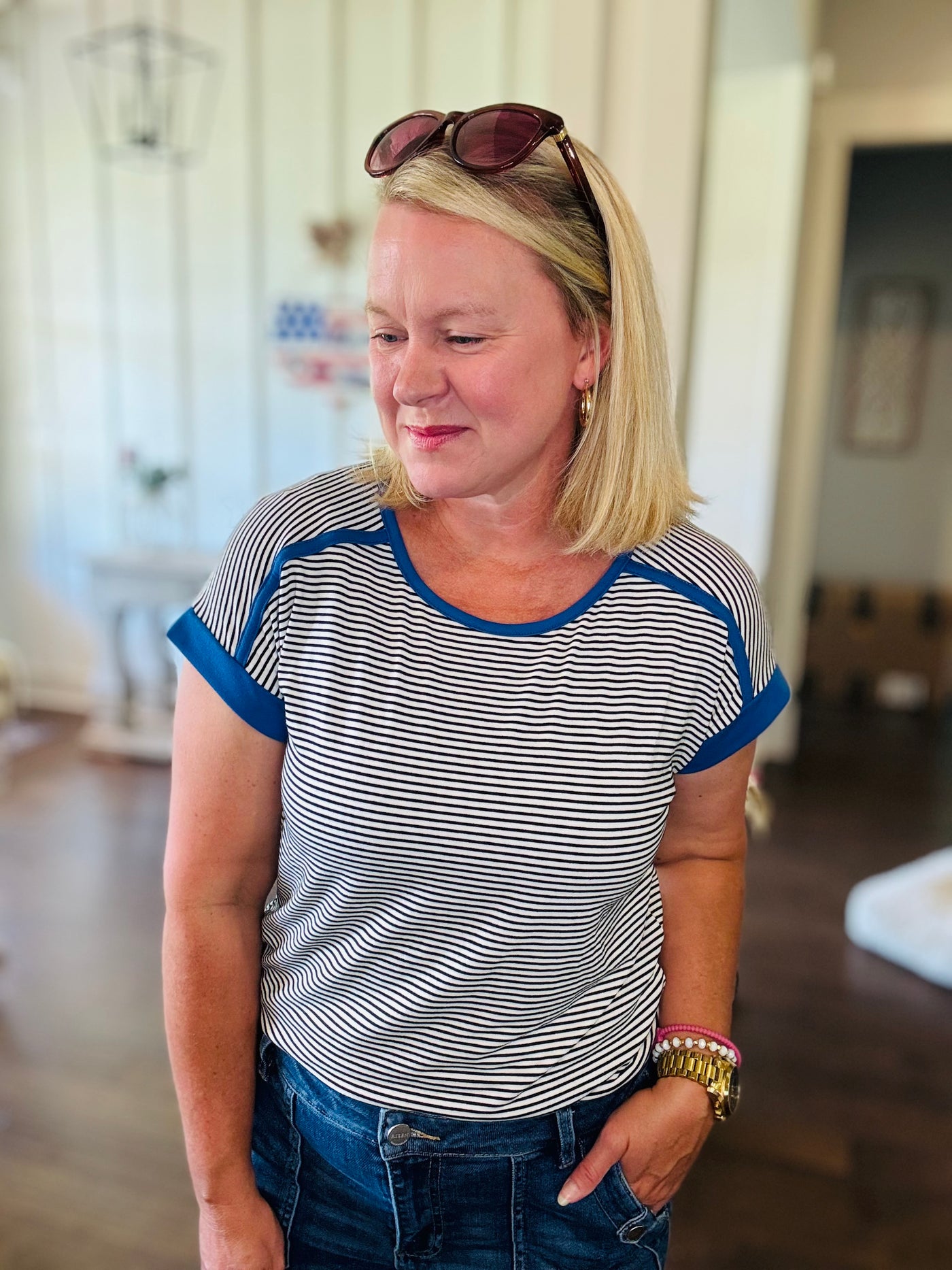 Lightweight Striped Short Sleeve Top - Blue