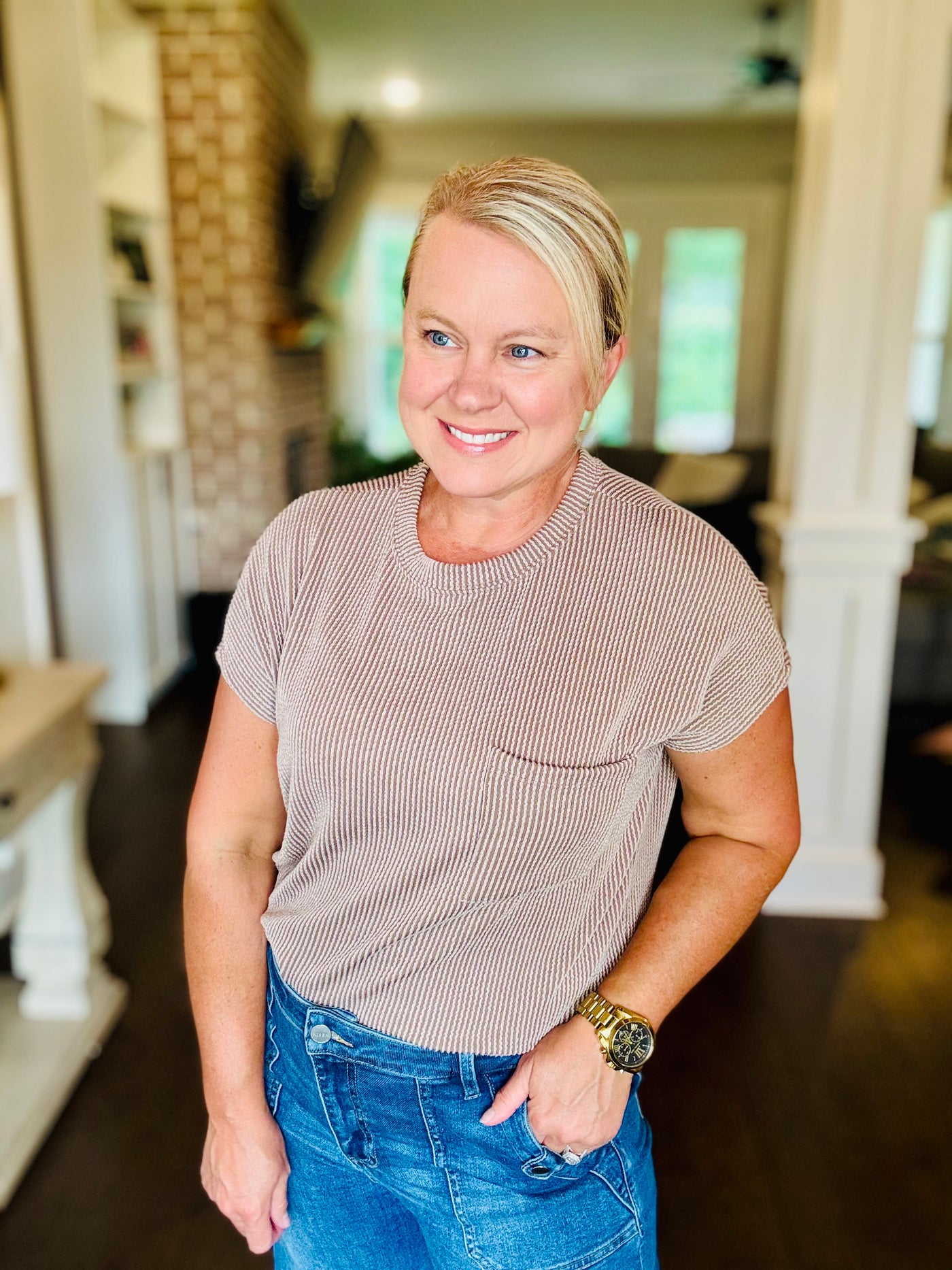 Ribbed Short Sleeve Top - Acorn