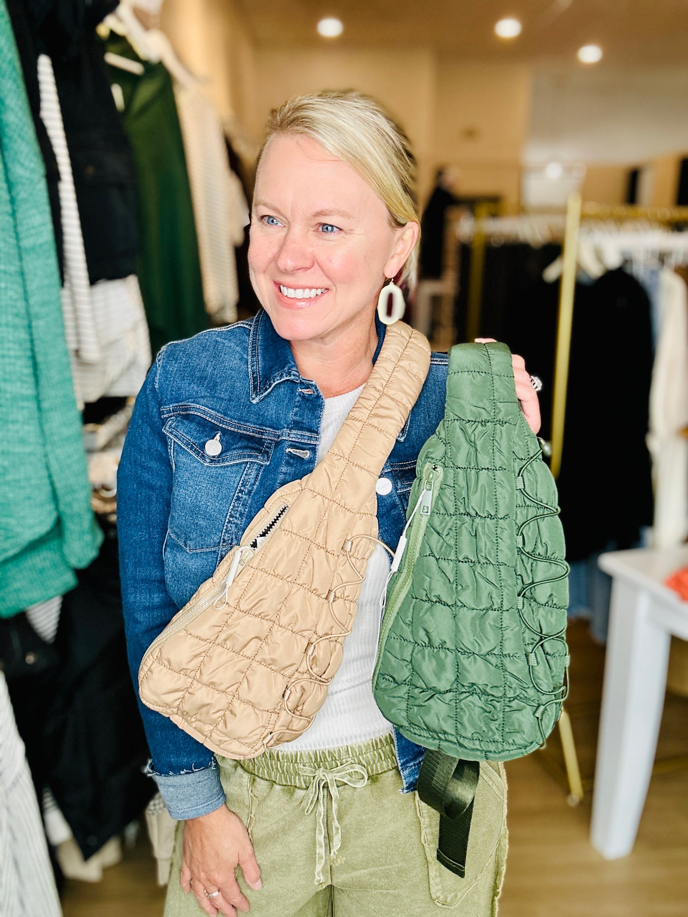 Quilted Puffer Sling Bag - Olive