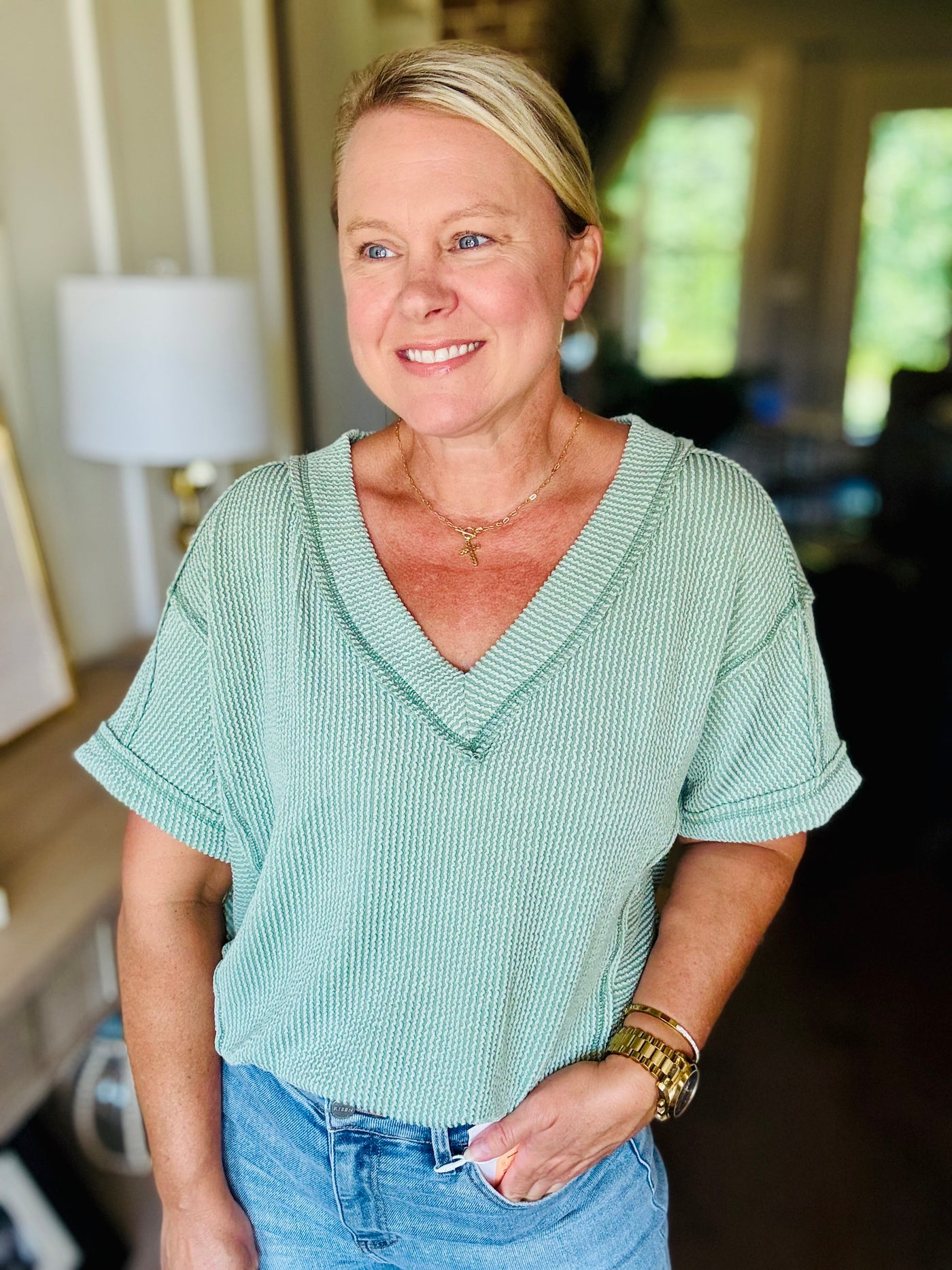 Ribbed V-Neck Short Sleeve - Sage