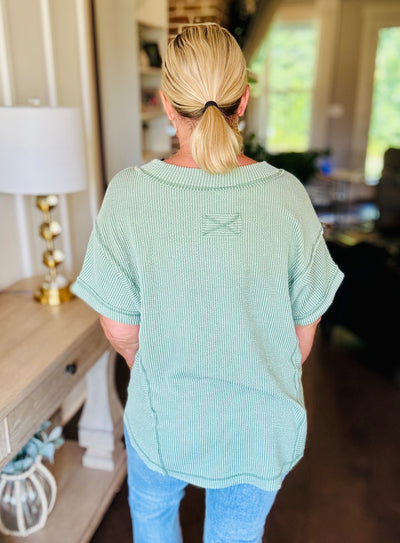 Ribbed V-Neck Short Sleeve - Sage
