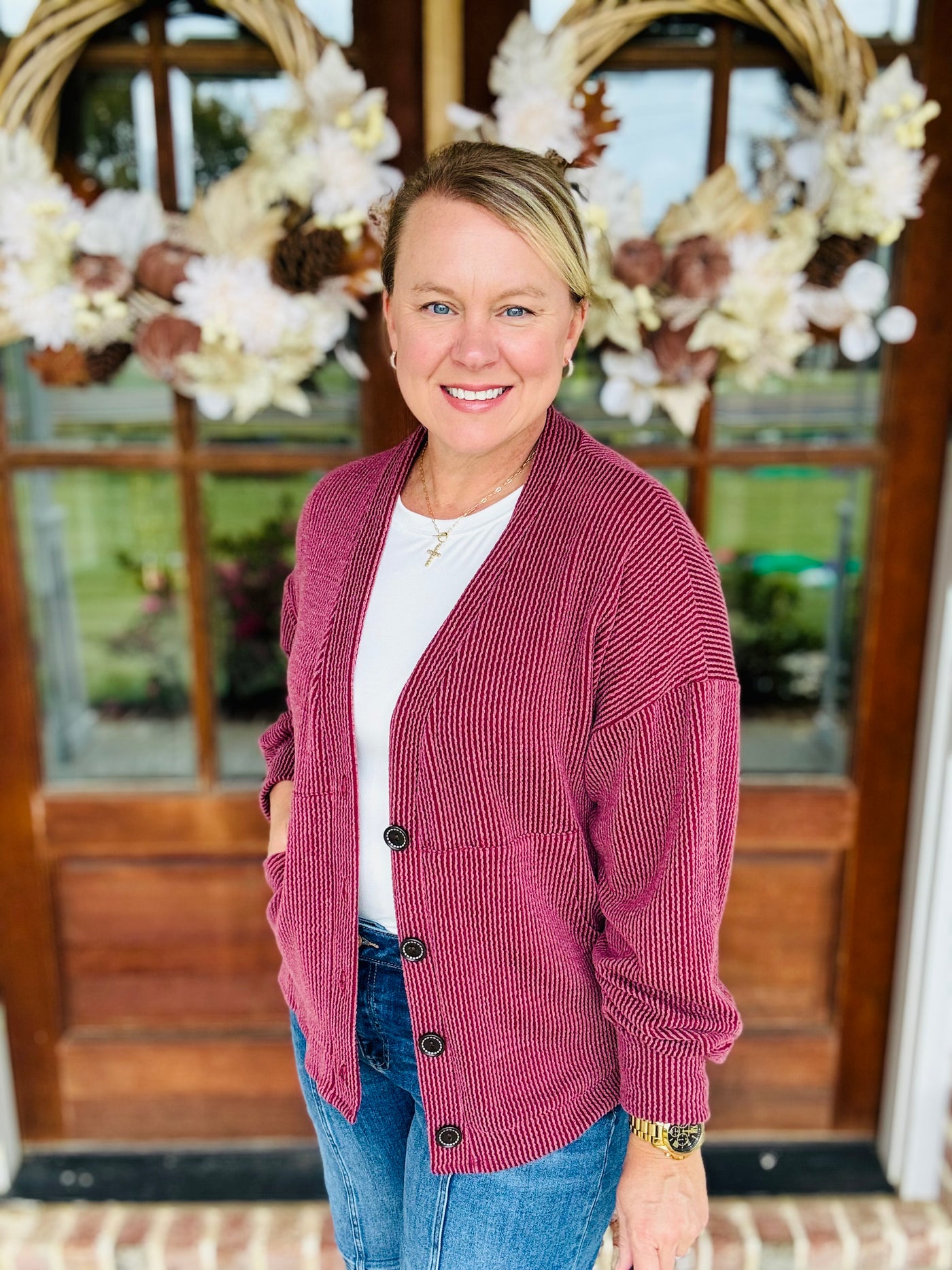 Ribbed Knit Oversized Cardigan - Burgundy