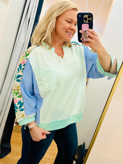 Floral Oversized Top - Mint Blue