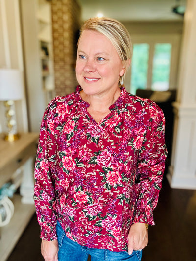 Floral V-Neck - Burgundy