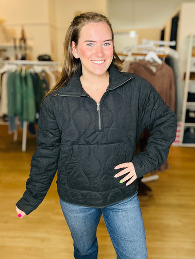 Quilted Half Zip Pullover - Black