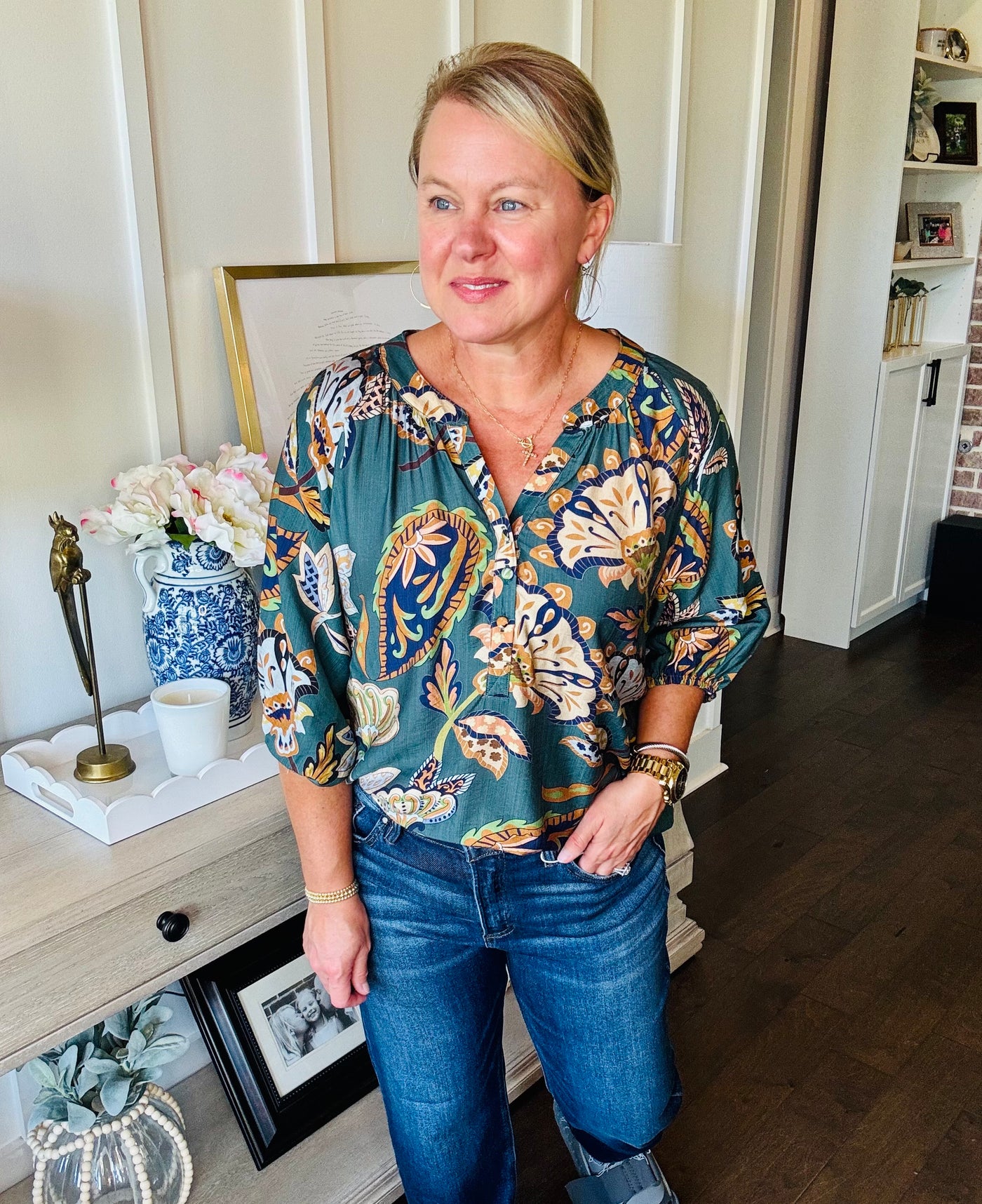 Paisley V-Neck 3/4 Sleeve Top - Teal