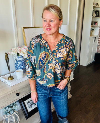 Paisley V-Neck 3/4 Sleeve Top - Teal