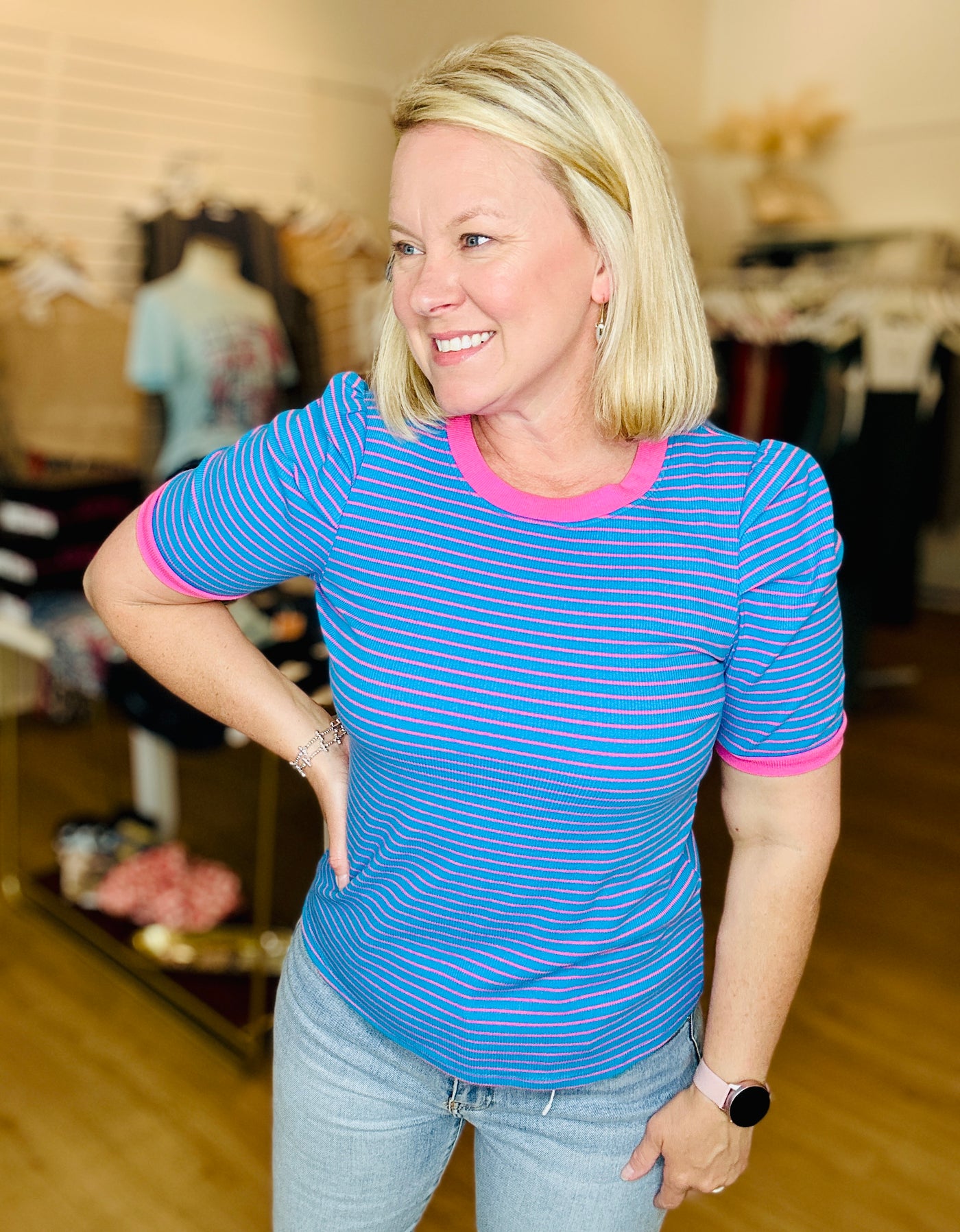Fitted Puff Sleeve Striped Top Pink Blue