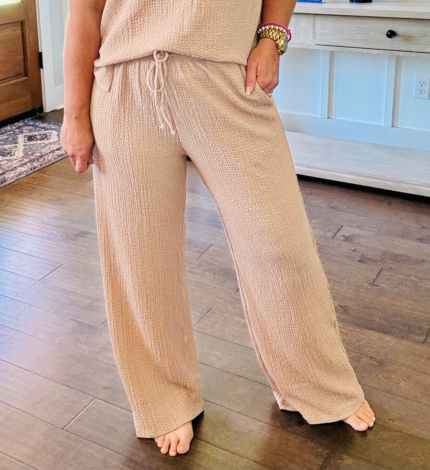 Crinkle Wide Leg Pants - Tan