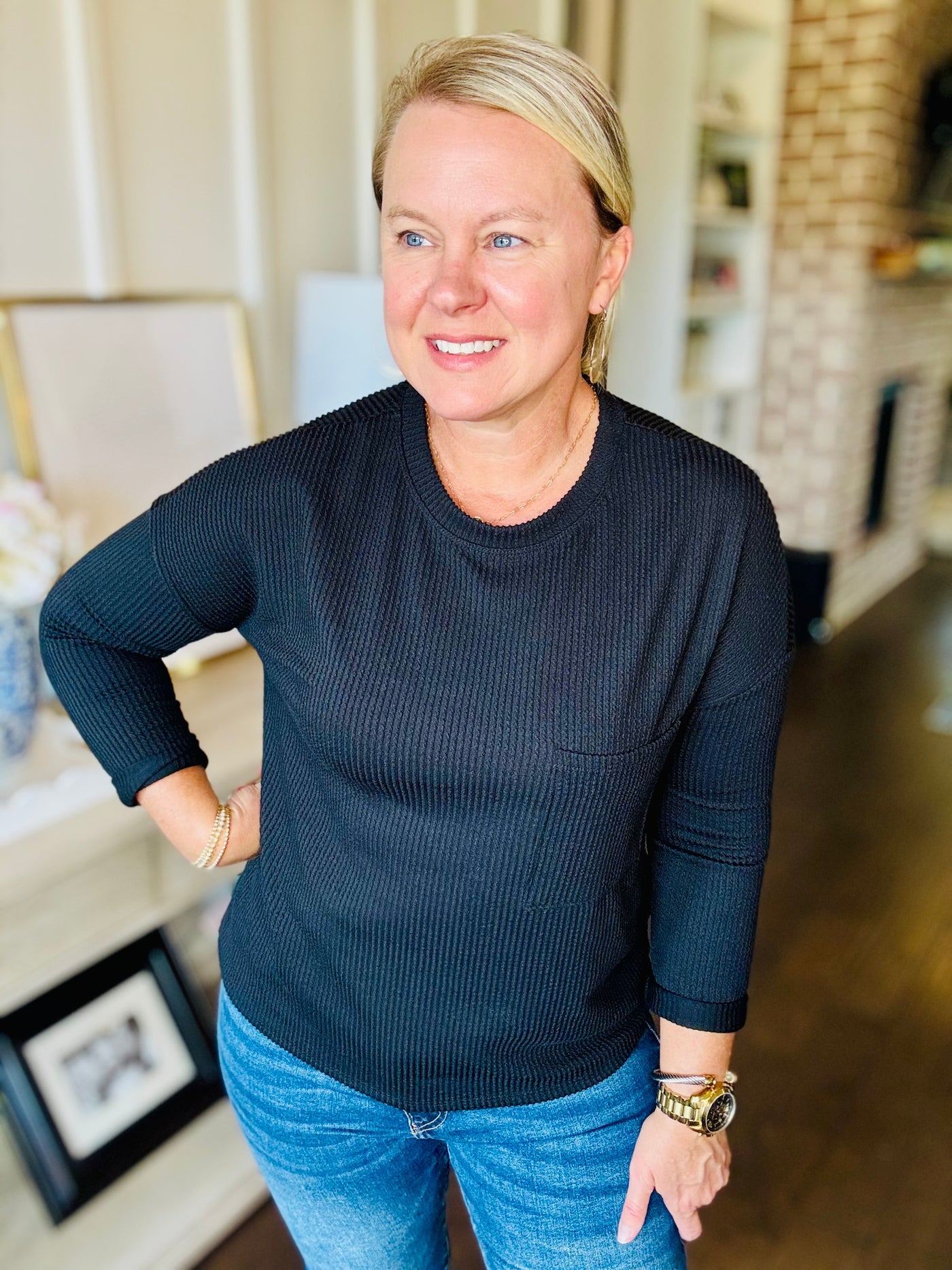 Ribbed Long Sleeve Pocket Top - Black