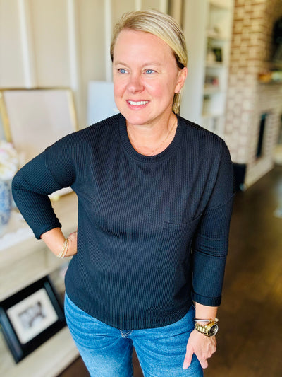 Ribbed Long Sleeve Pocket Top - Black