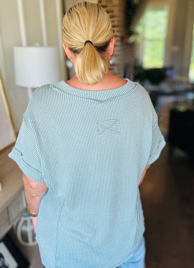 Ribbed V-Neck Short Sleeve - Blue