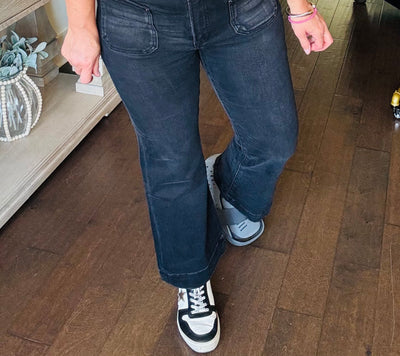 Risen - High Rise Patch Pocket Ankle Flare Jeans Black