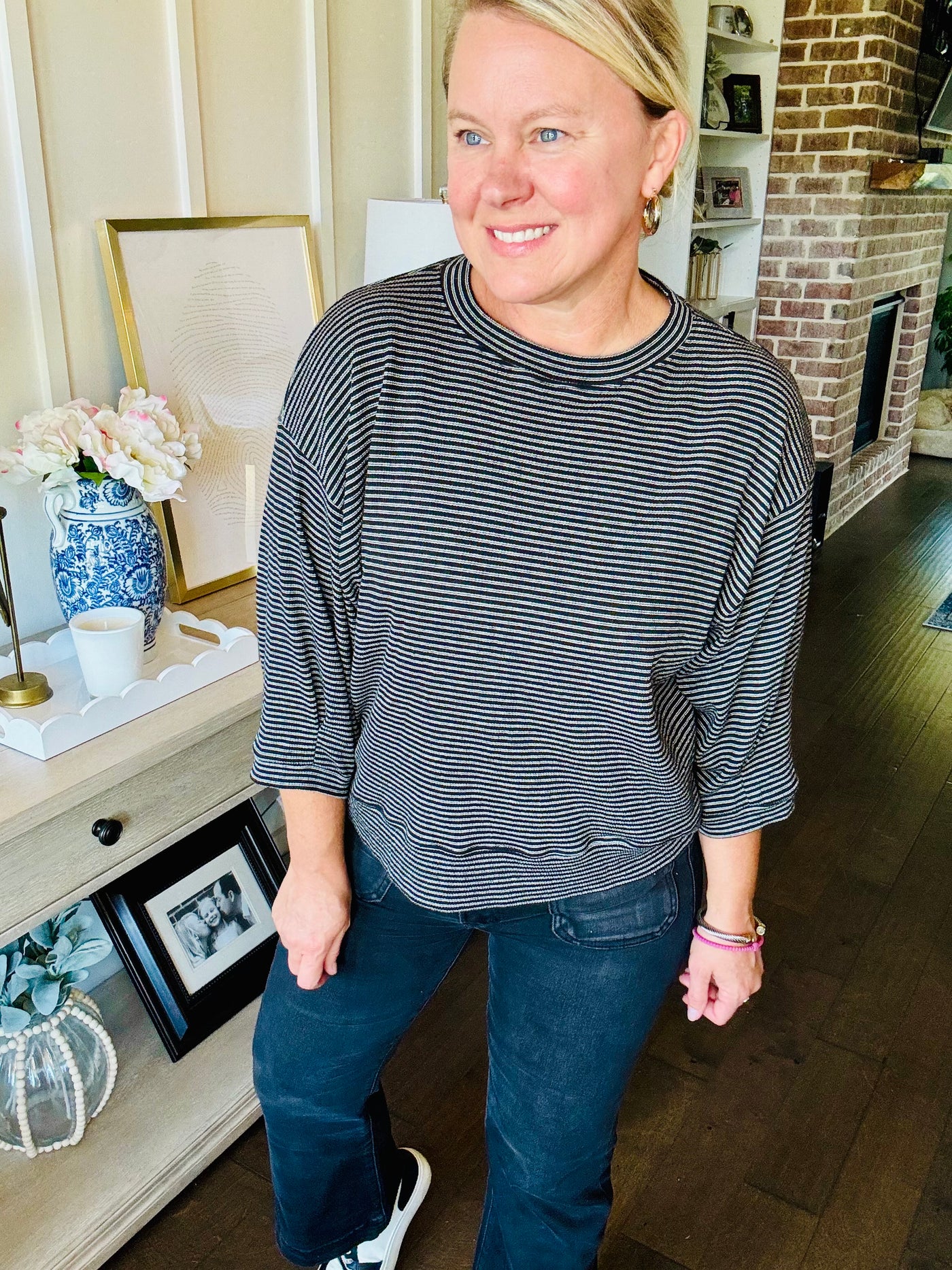 Striped 3/4 Sleeve Top - Black