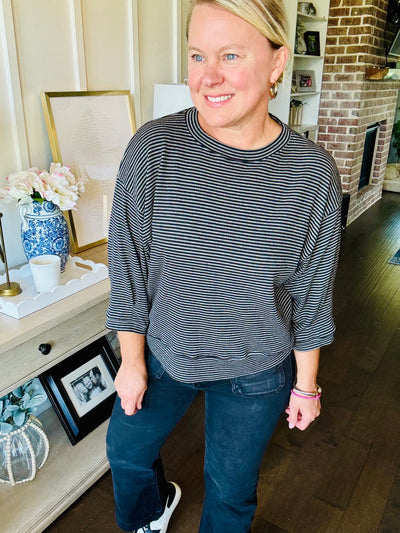 Striped 3/4 Sleeve Top - Black