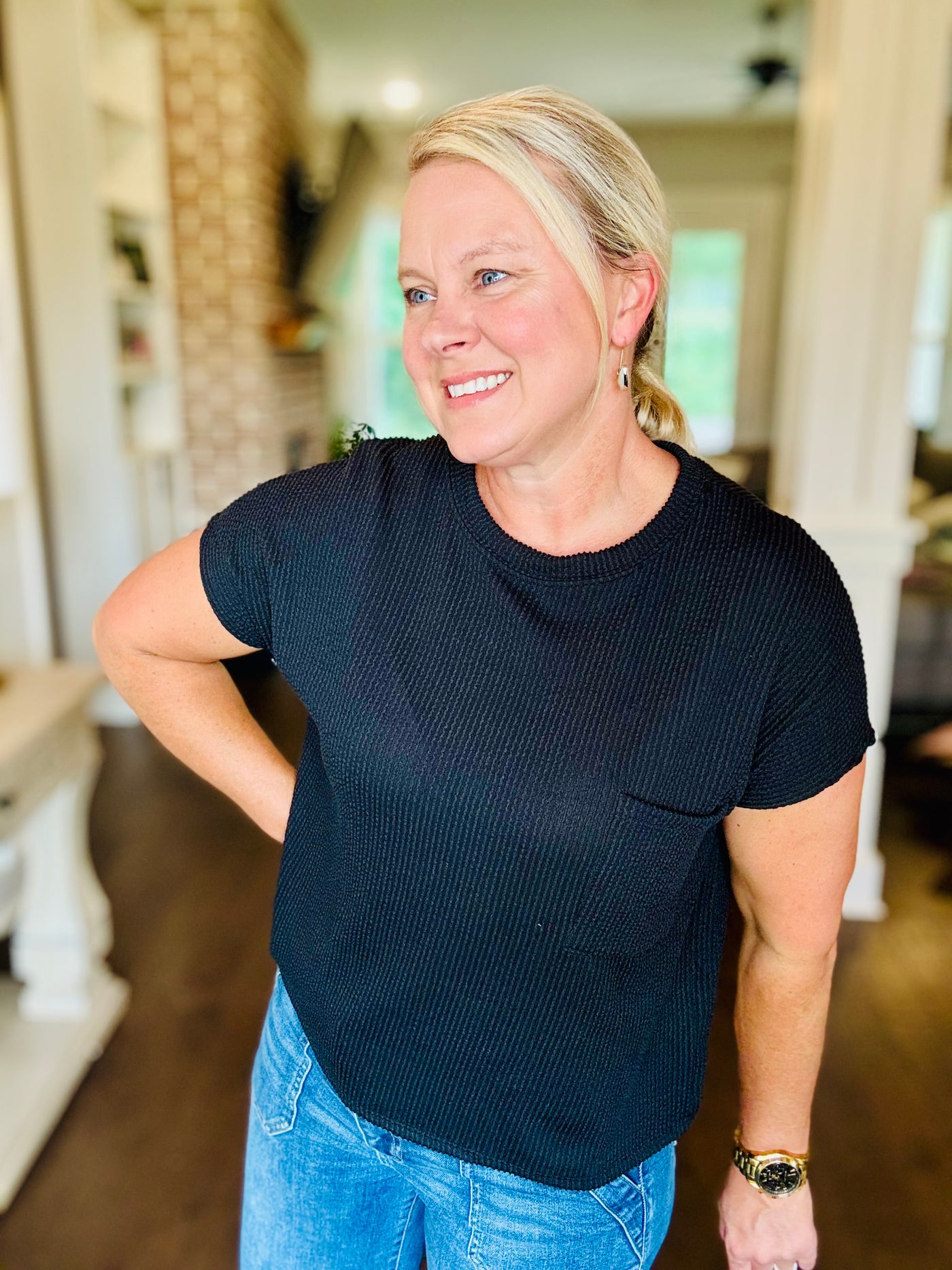 Ribbed Short Sleeve Top - Black
