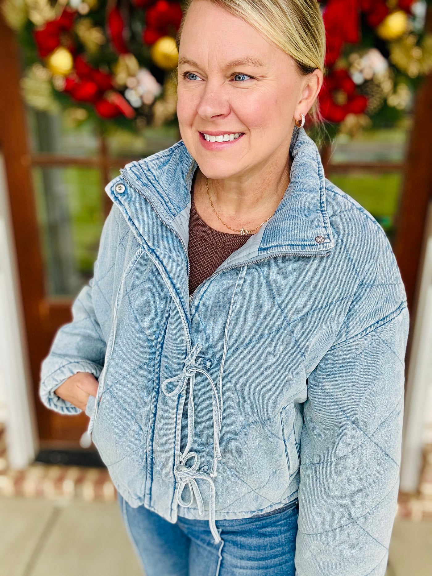 Quilted Denim Bow Tie Front Jacket