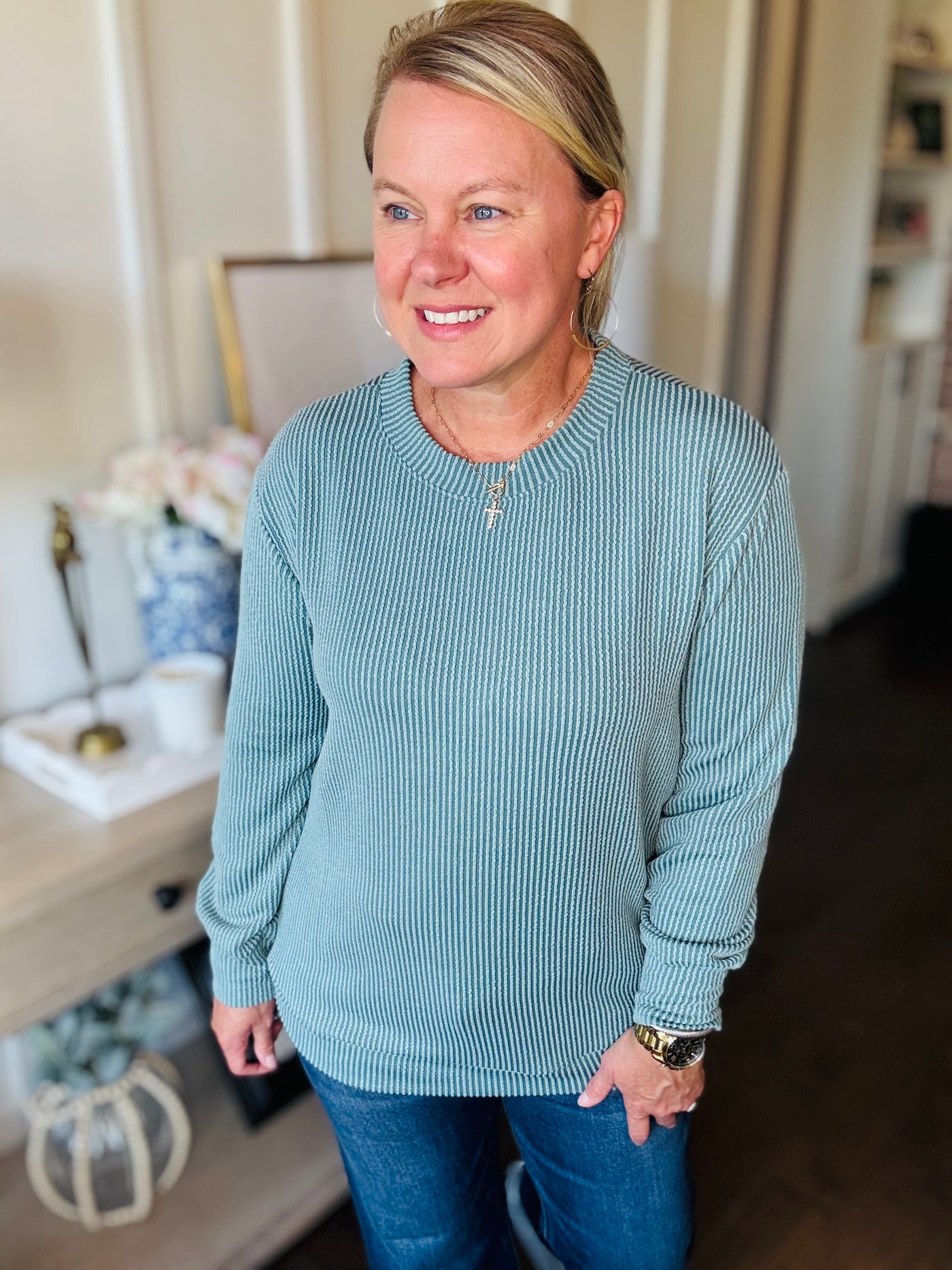 Ribbed Round Hem Long Sleeve - Jade