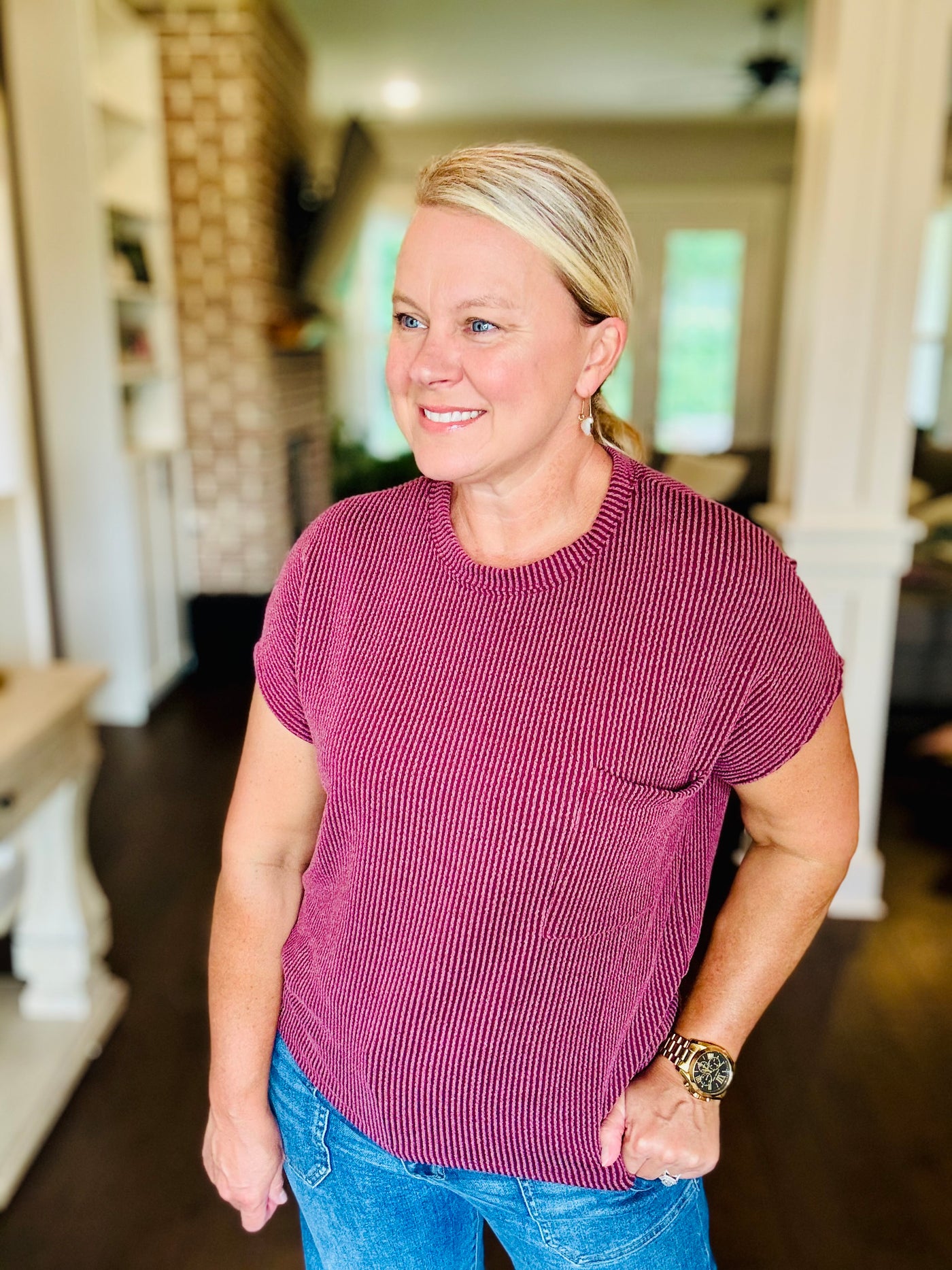 Ribbed Short Sleeve Top - Dark Wine