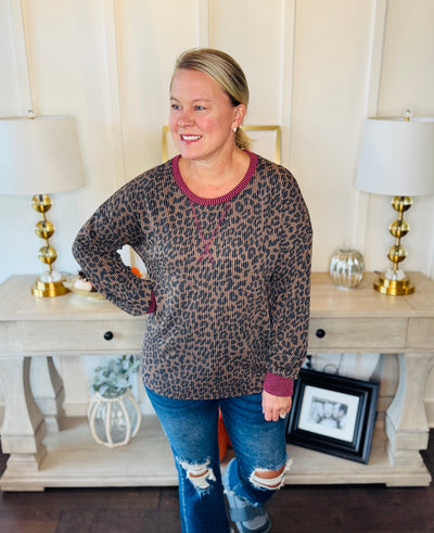 Leopard Ribbed Long Sleeve - Brown Burgundy