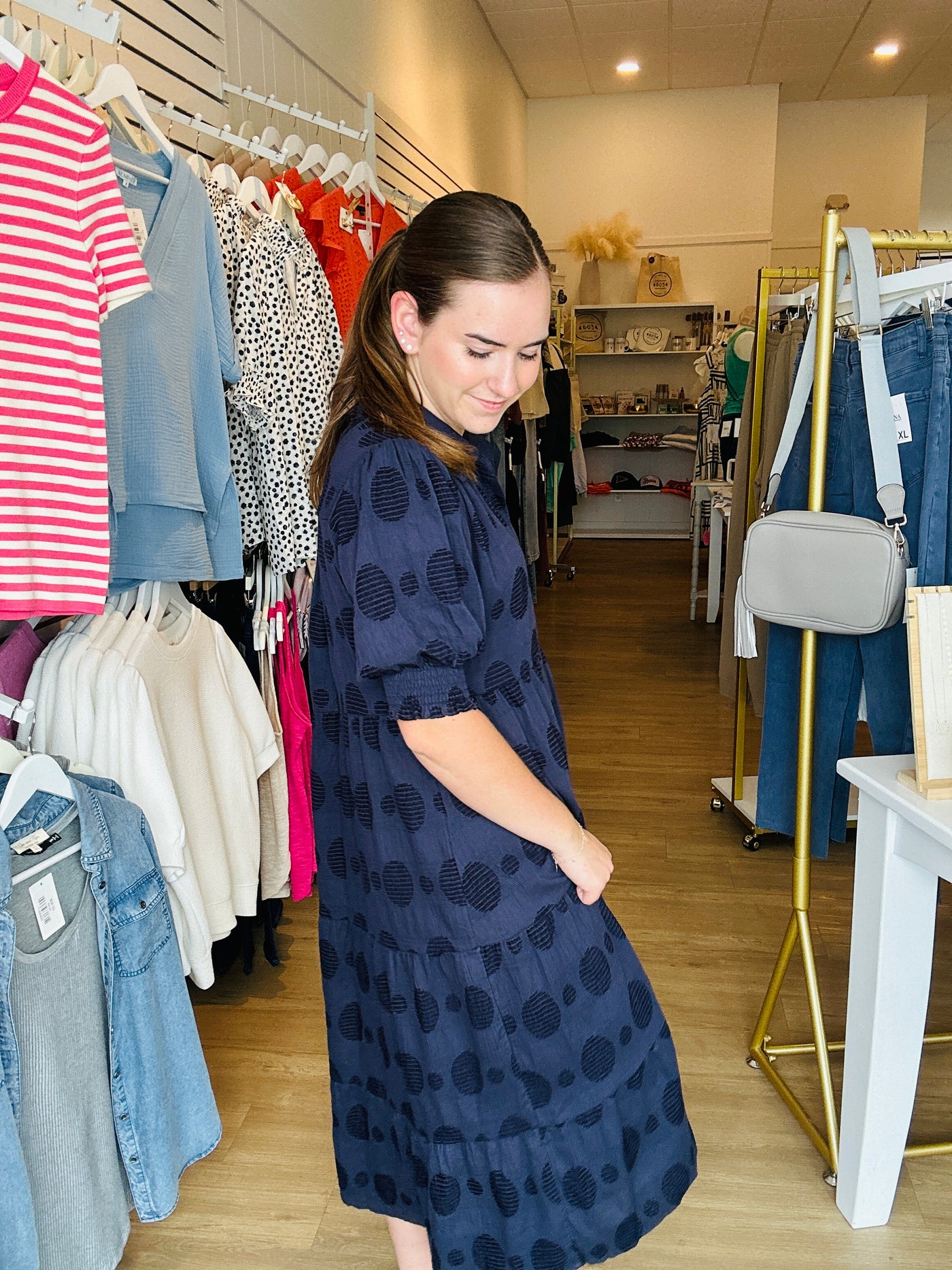 Swiss Dot Tiered Dress - Navy