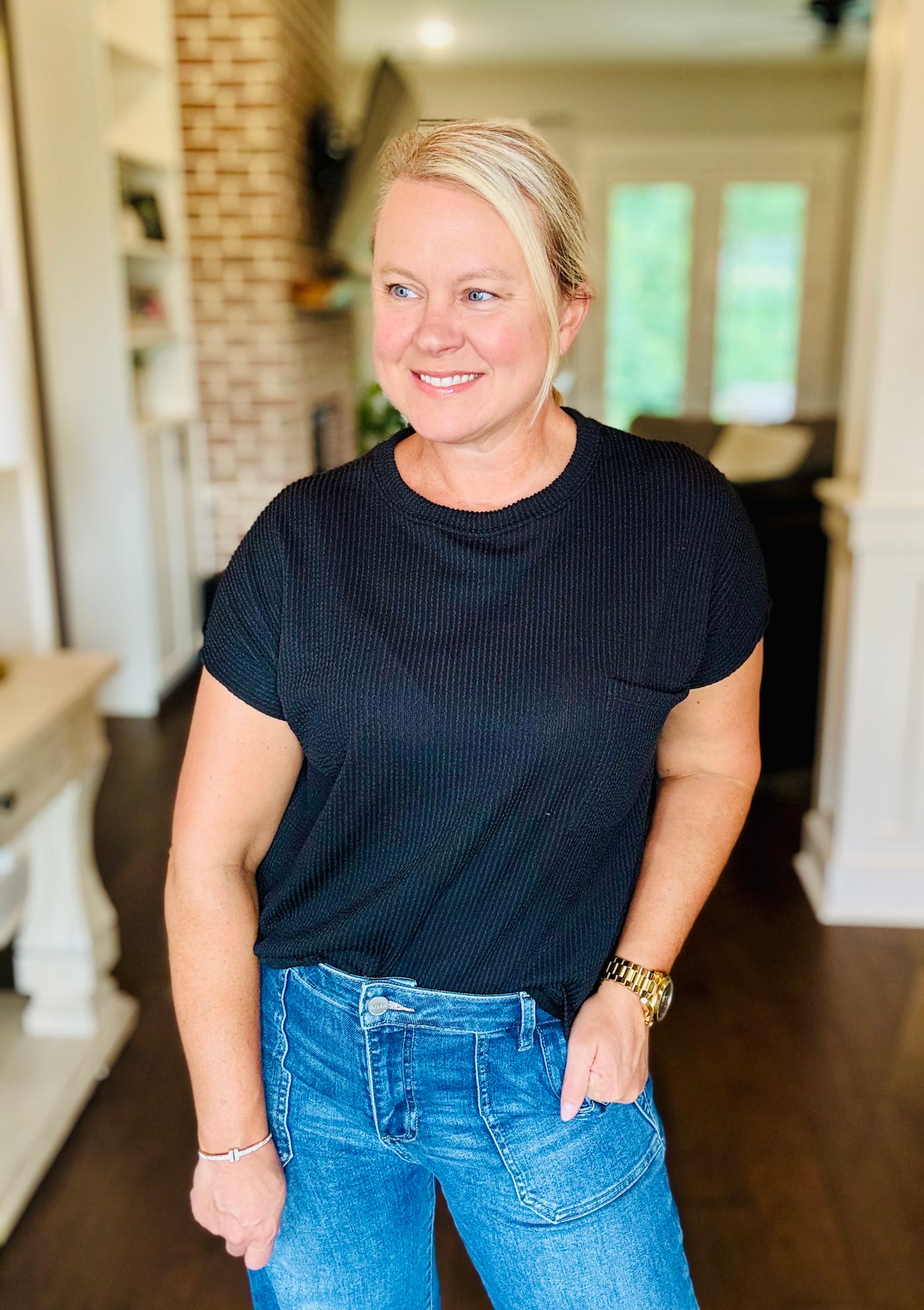 Ribbed Short Sleeve Top - Black