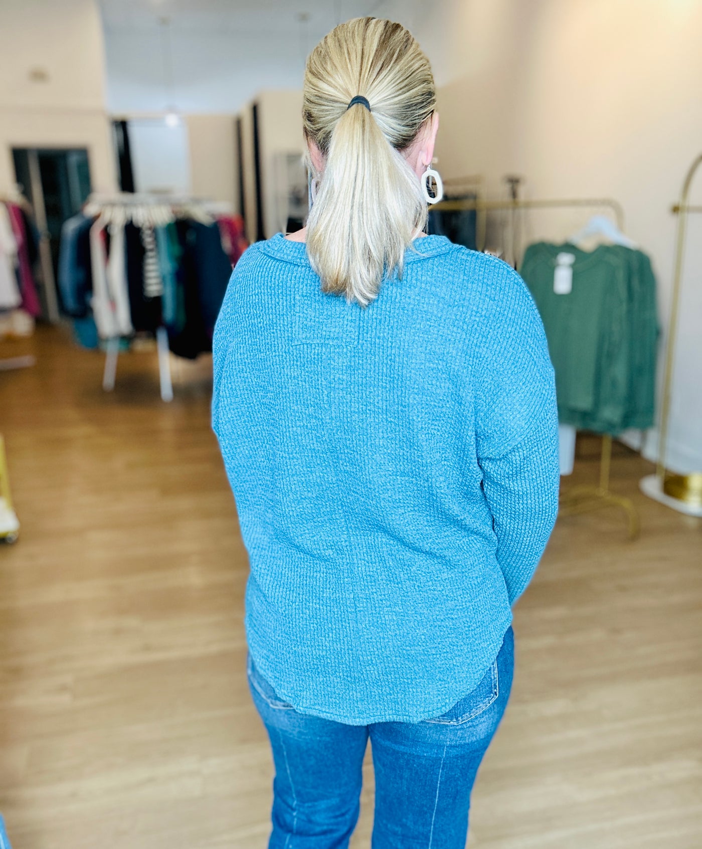 Waffle Knit Henley - Dusty Teal