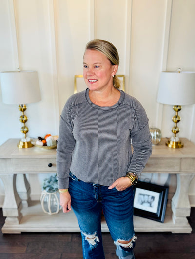 Ribbed Split Side Long Sleeve - Dark Grey