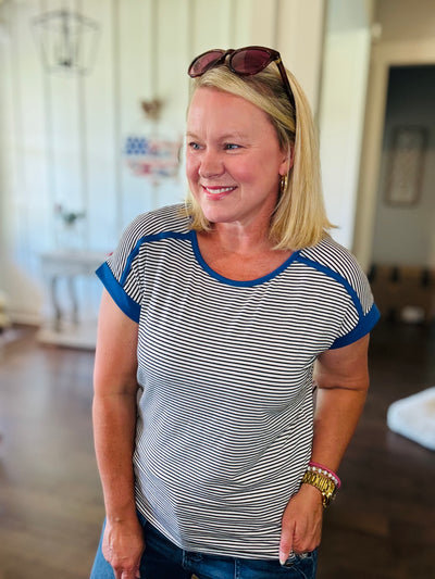 Lightweight Striped Short Sleeve Top - Blue